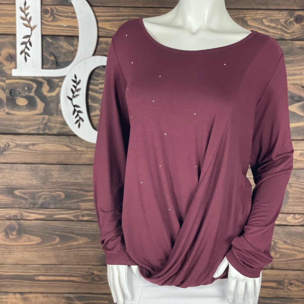 Vocal | Burgundy Maroon Rhinestone Studded Long Sleeve Drape Wrap Twist Tee Top